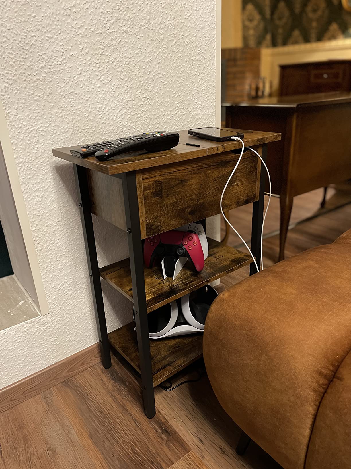 EBF342BZ01 Rustic Brown Flip Top End Table with Charging Station and Storage Shelf photo review